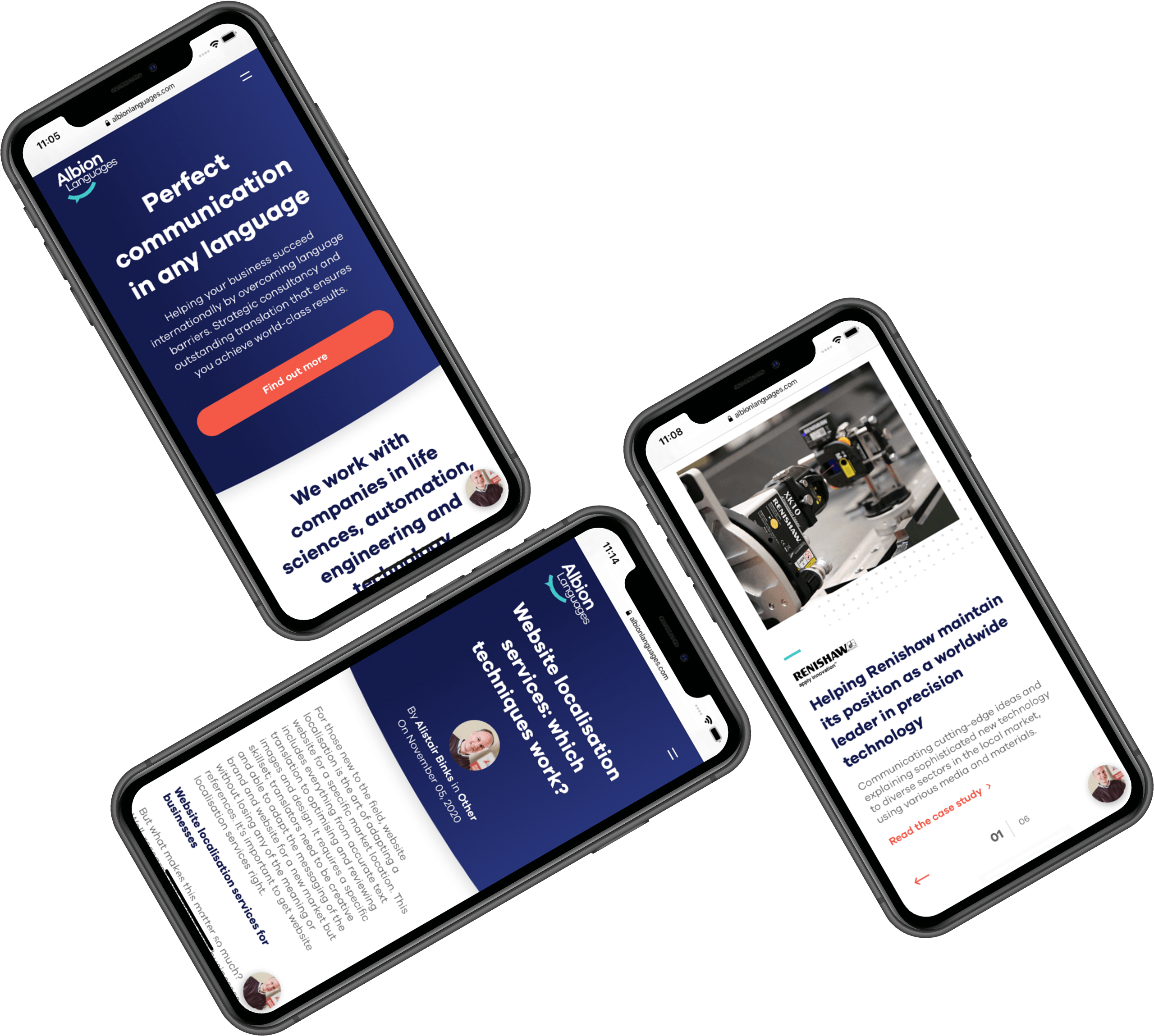 Three mobile phones showing the Albion languages website
