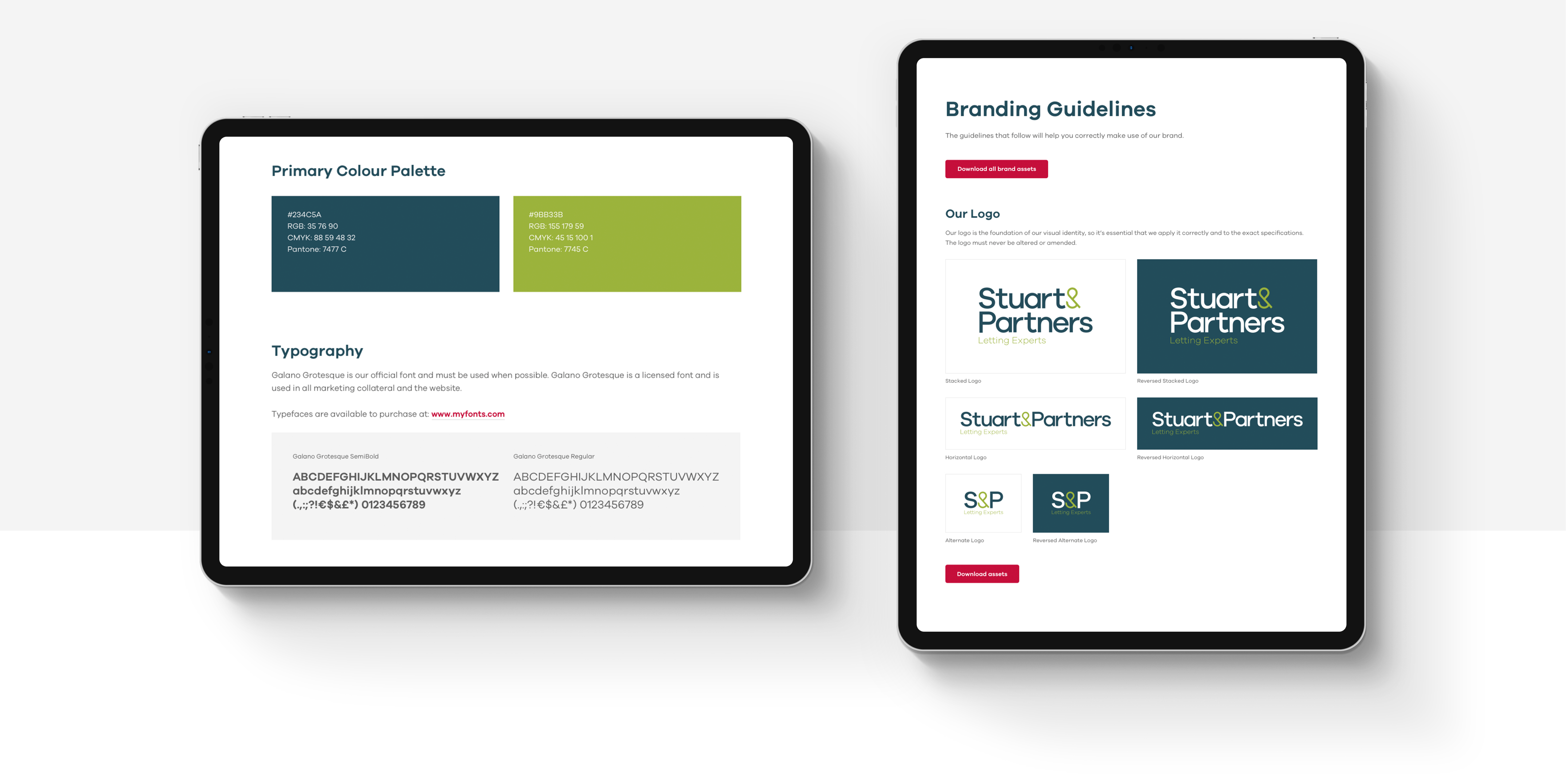 Stuart and Partners brand guidelines viewed on a tablet device